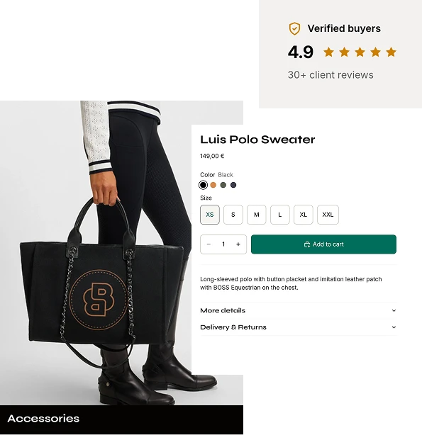 Accessories imagery beside a product page with reviews and size picker