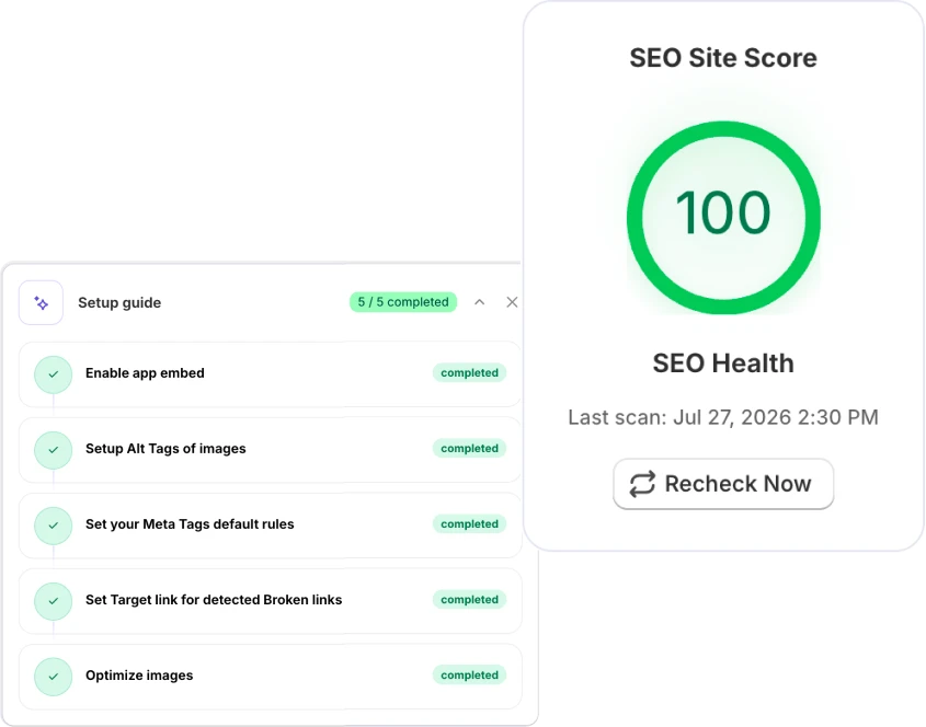 The Shopify SEO setup guide fully completed beside a 100/100 SEO health score