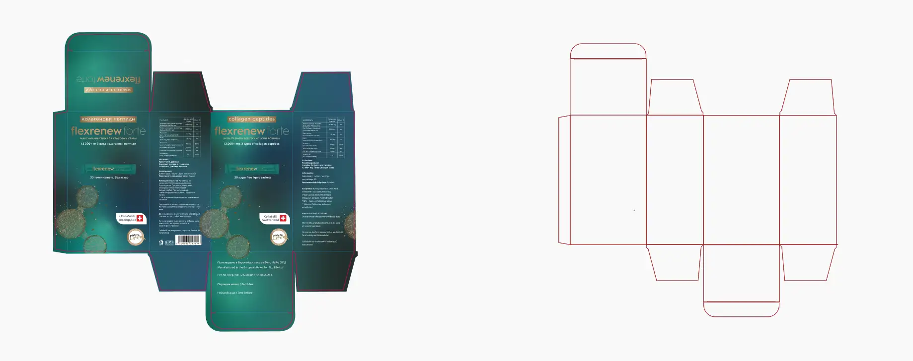 Print-ready dieline for the FlexRenew Forte box - folded box renders beside the flat cut layout