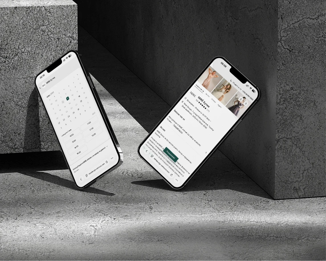 The MIRÉ store browsed on two phones against a concrete backdrop