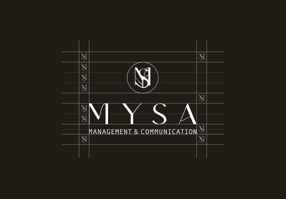 The MYSA lockup shown with its construction grid and alignment guides on near-black