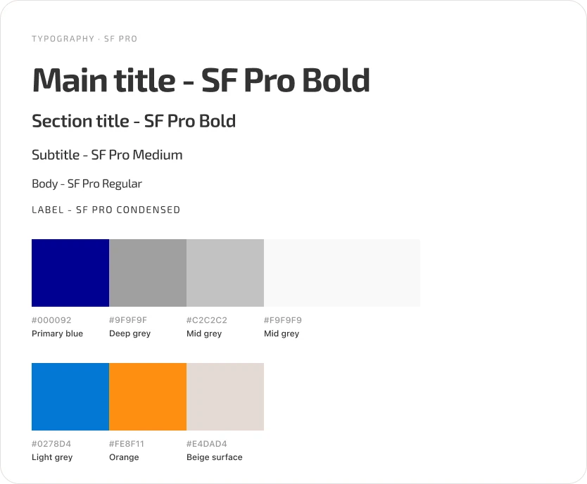 Typography scale and colour palette with hex values