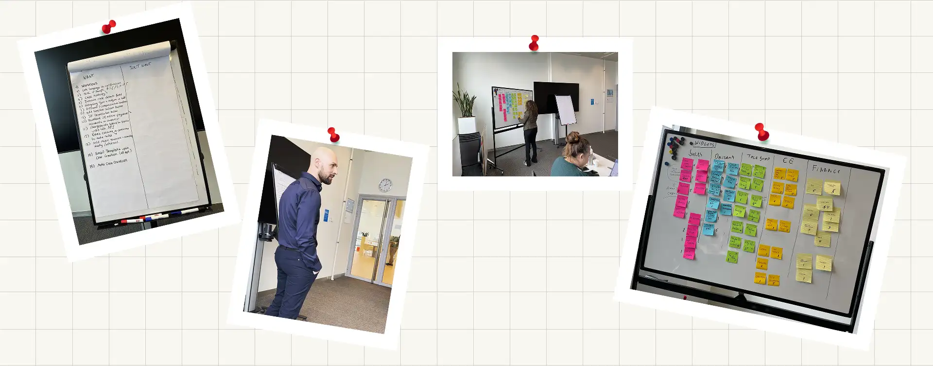Research board - five pinned photos of discovery sessions: flip-chart want/don't-want lists, whiteboard workshops, and sticky-note mapping across divisions