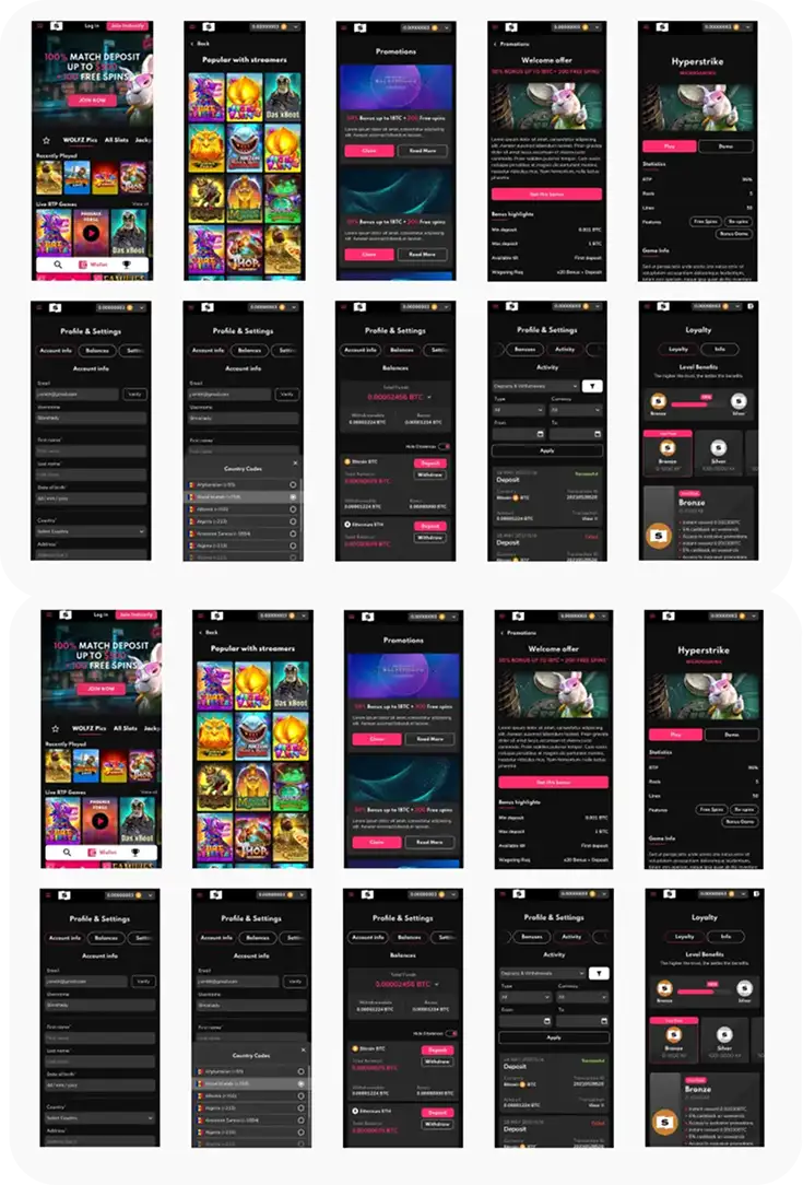 Supremo mobile screens - game lobby, promotions, welcome offer, profile and settings, and loyalty tiers