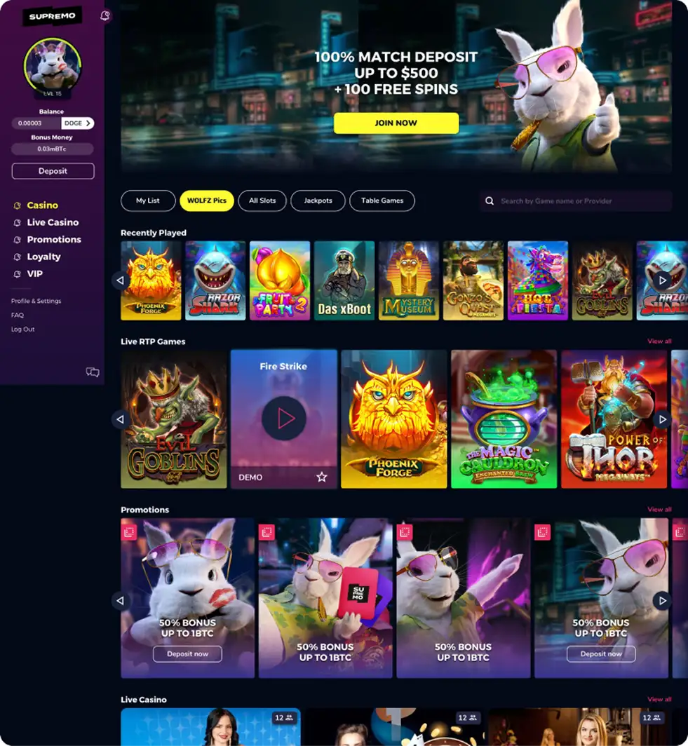 Supremo desktop casino lobby - match deposit banner, recently played, live RTP games, promotions and live casino rows