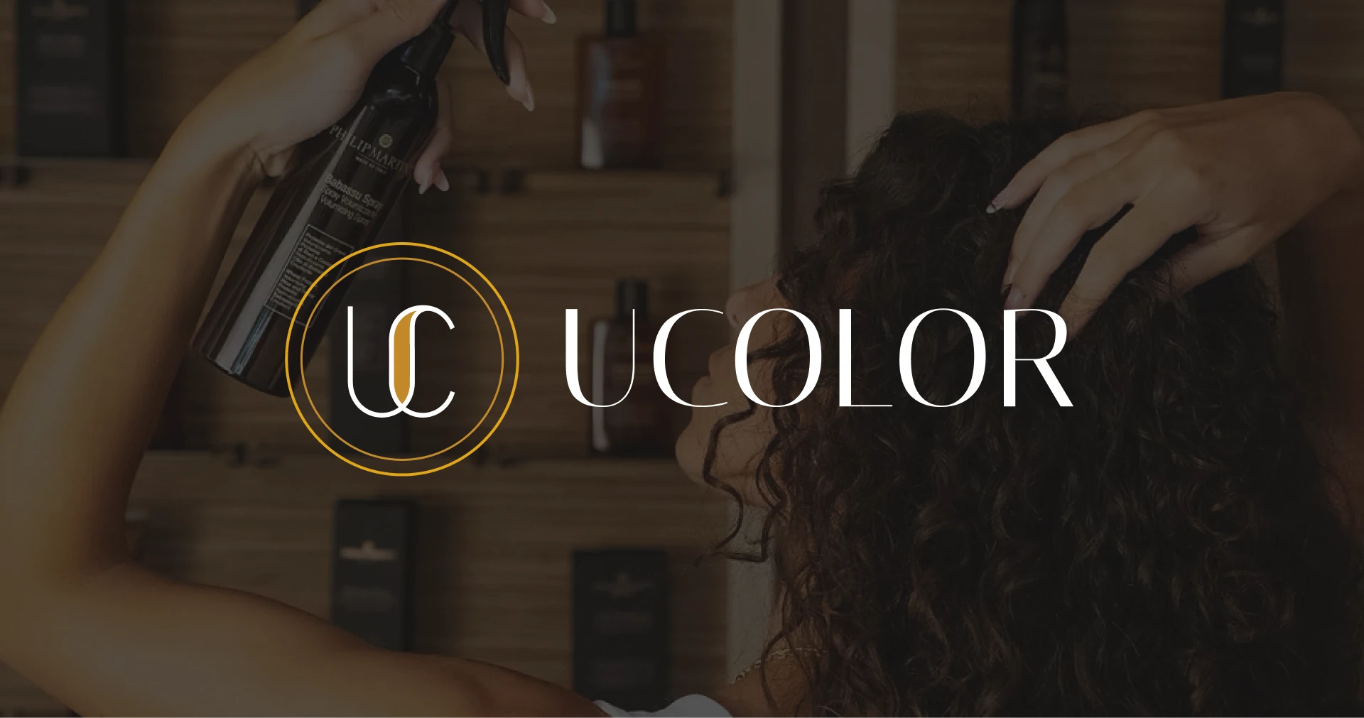 The UCOLOR logo over a salon scene, applying Philip Martin's product